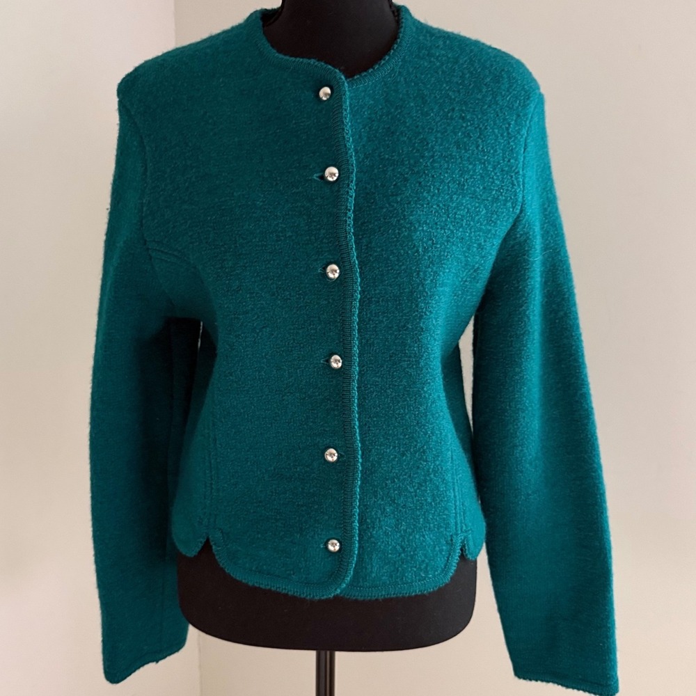 Vintage Ashley Boiled Wool Jacket Size 10 Teal Green Silver Buttons Cardigan